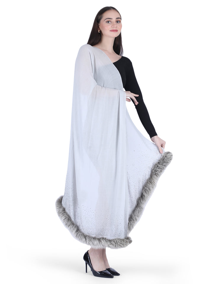 Fur & Crystal Fine Wool Stole - Light Grey - 407