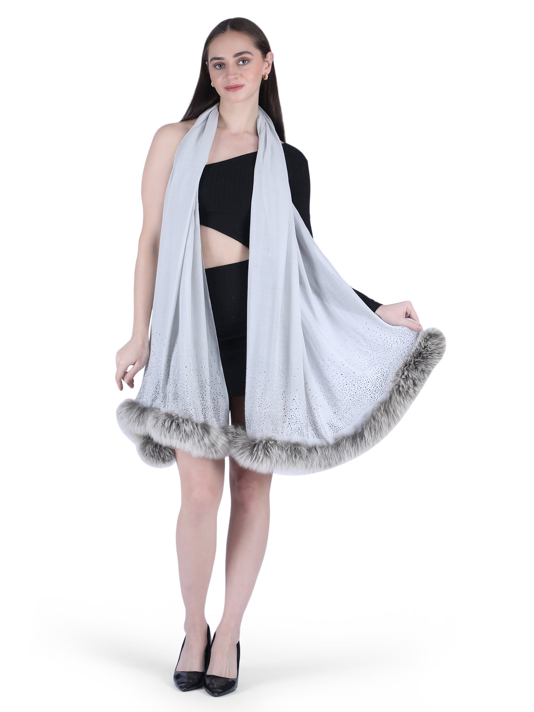 Fur & Crystal Fine Wool Stole - Light Grey - 407