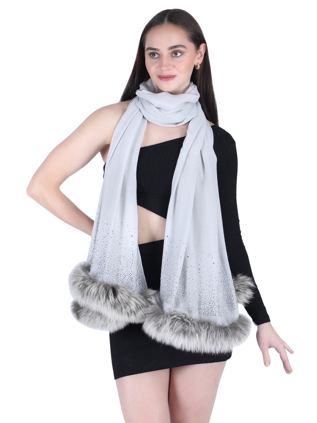 Fur & Crystal Fine Wool Stole - Light Grey - 407