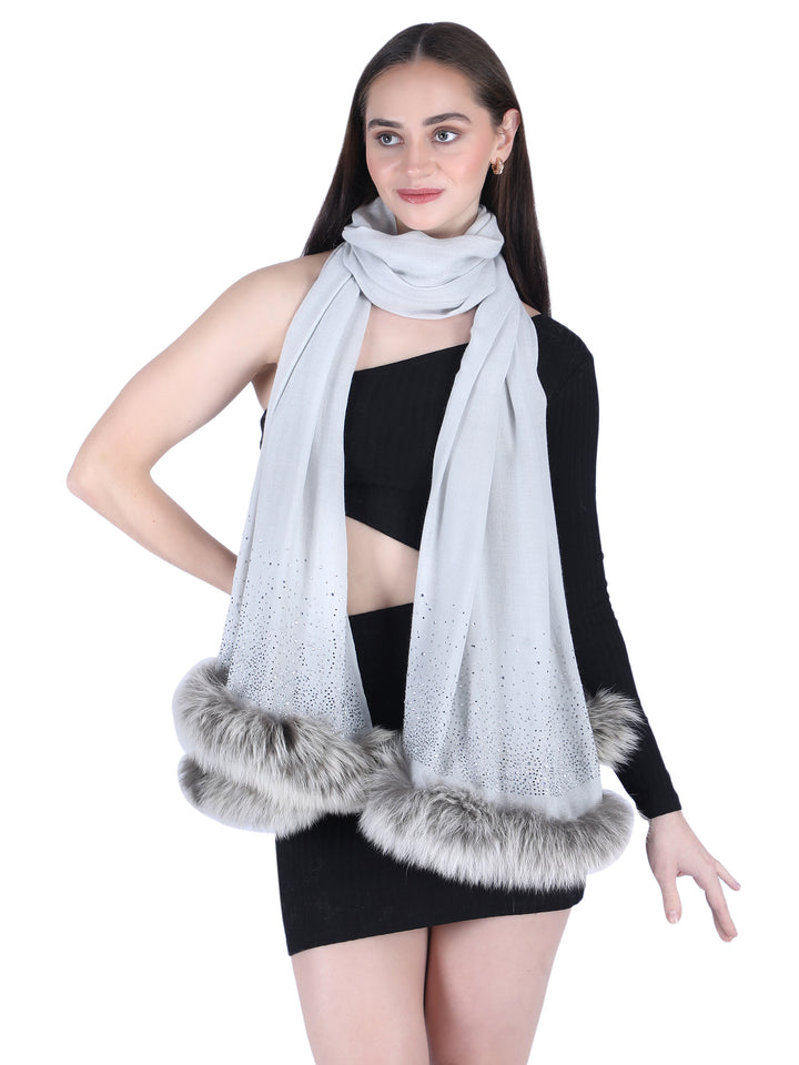 Fur & Crystal Fine Wool Stole - Light Grey - 407