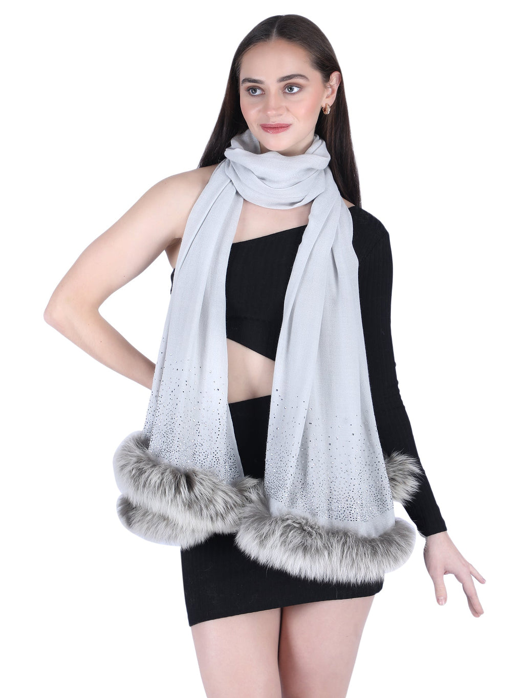 Fur & Crystal Fine Wool Stole - Light Grey - 407