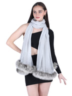 Fur & Crystal Fine Wool Stole - Light Grey - 407