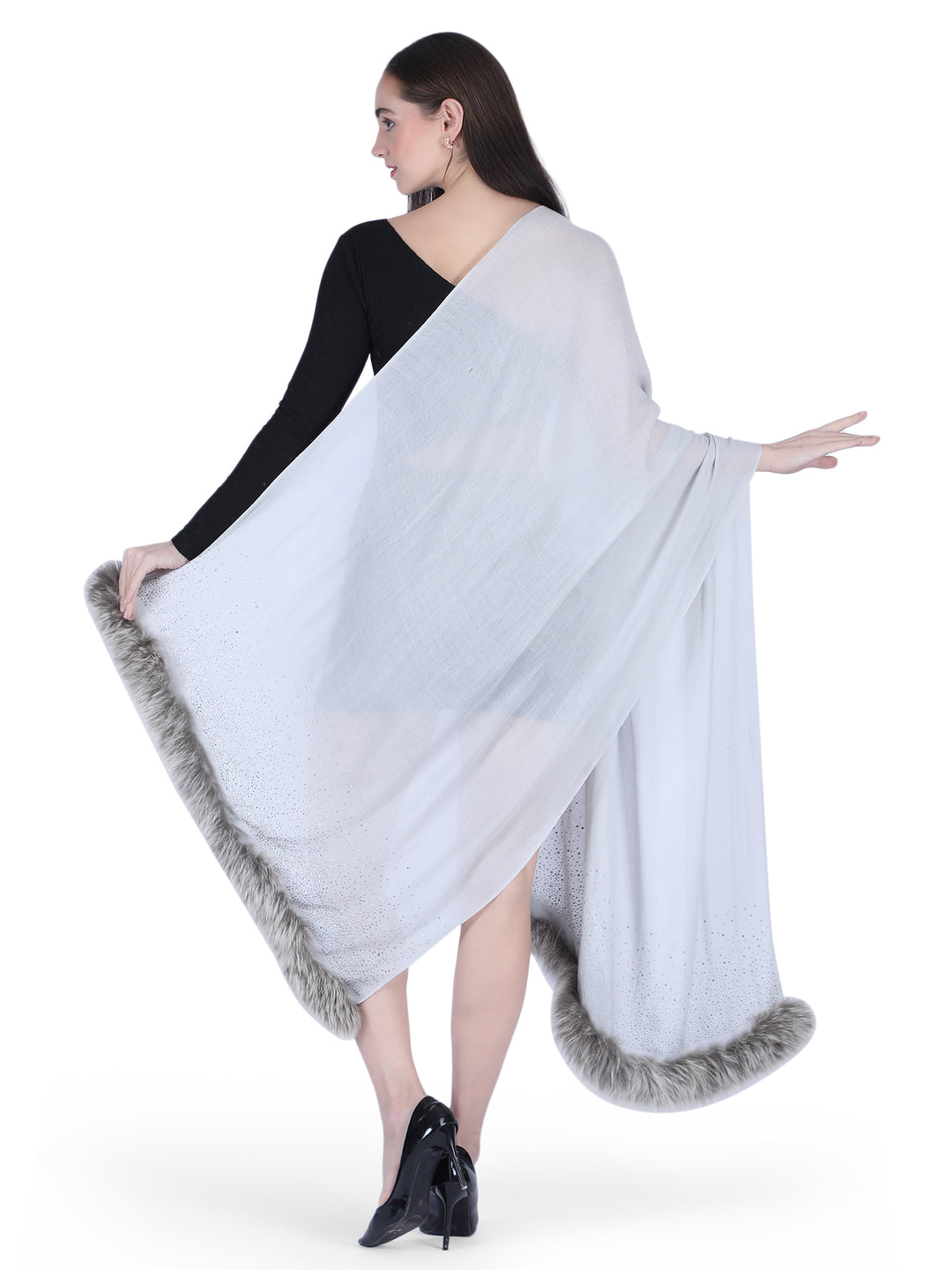 Fur & Crystal Fine Wool Stole - Light Grey - 407