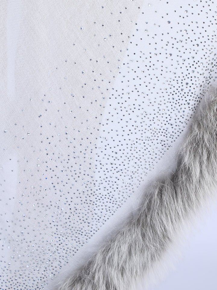 Fur & Crystal Fine Wool Stole - Light Grey - 407