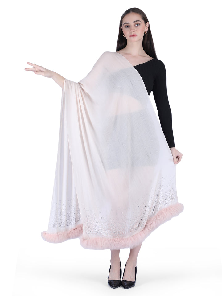 Fur & Crystal Fine Wool Stole - Pink- 408