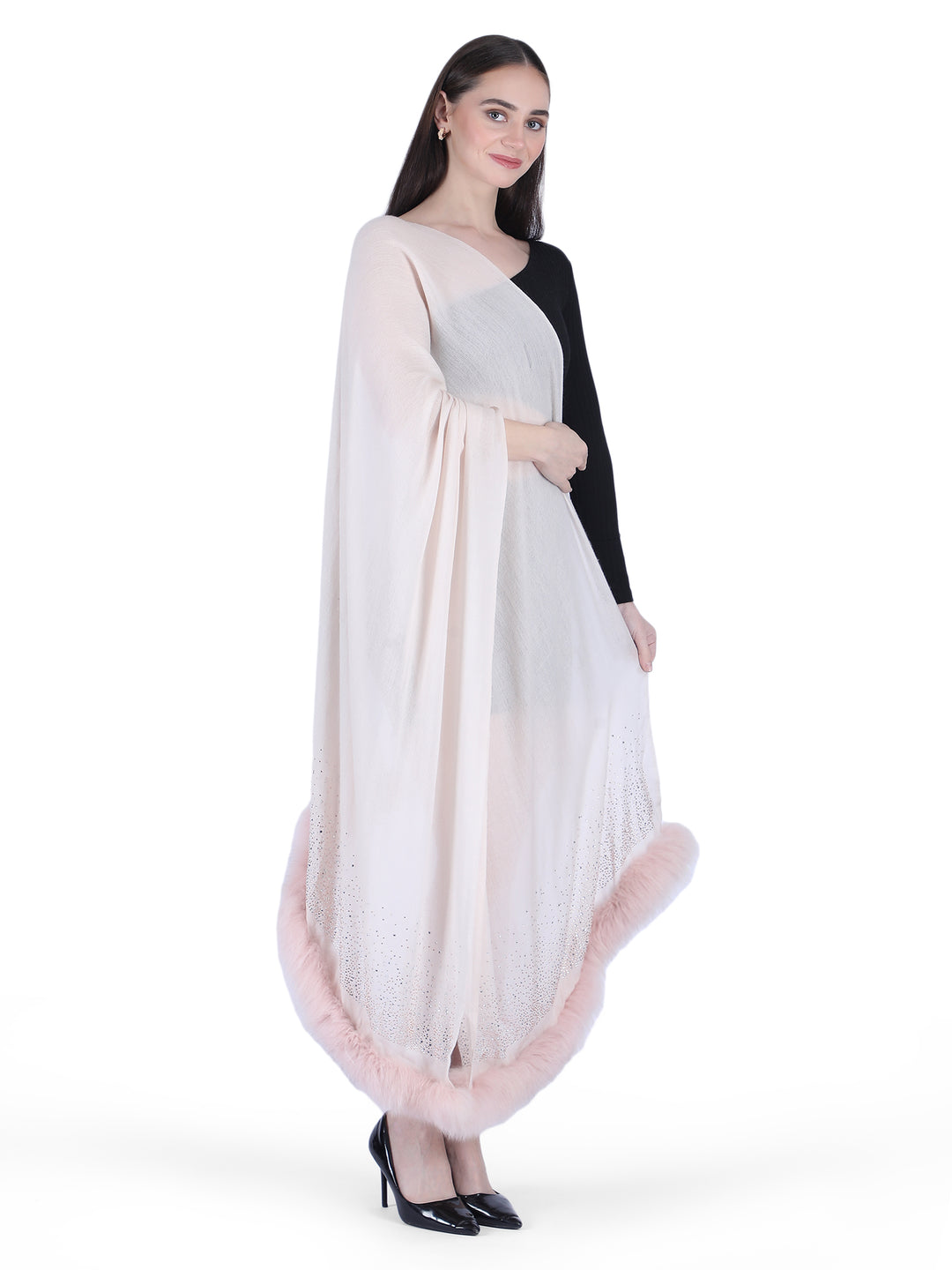 Fur & Crystal Fine Wool Stole - Pink- 408