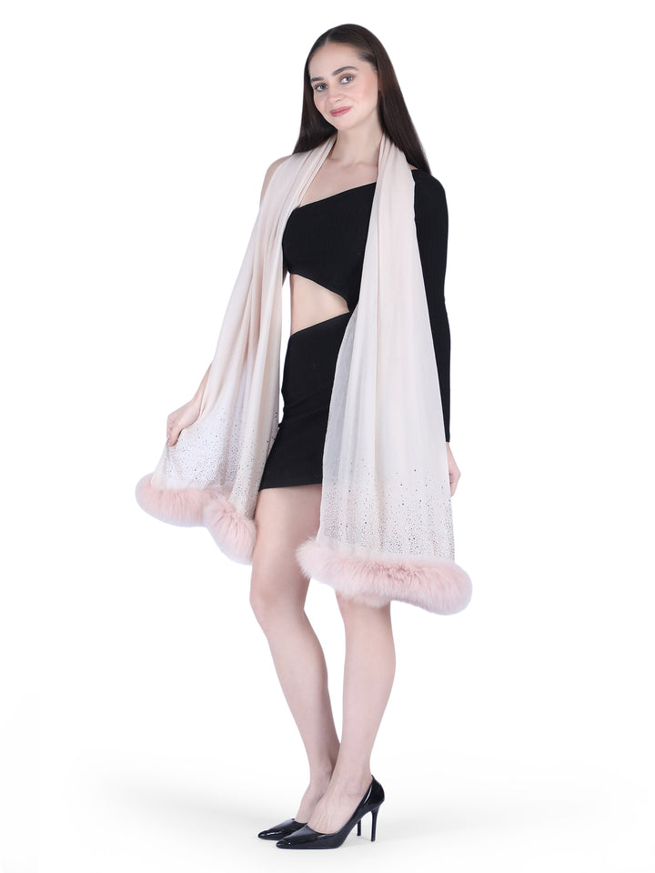 Fur & Crystal Fine Wool Stole - Pink- 408