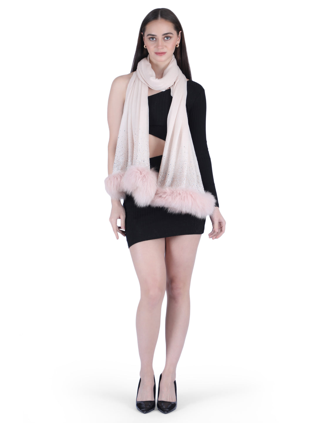 Fur & Crystal Fine Wool Stole - Pink- 408