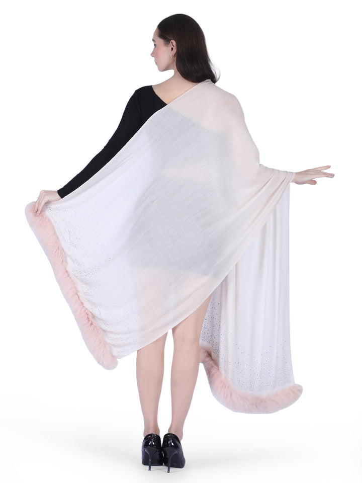 Fur & Crystal Fine Wool Stole - Pink- 408
