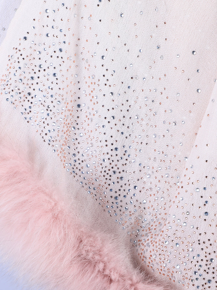 Fur & Crystal Fine Wool Stole - Pink- 408