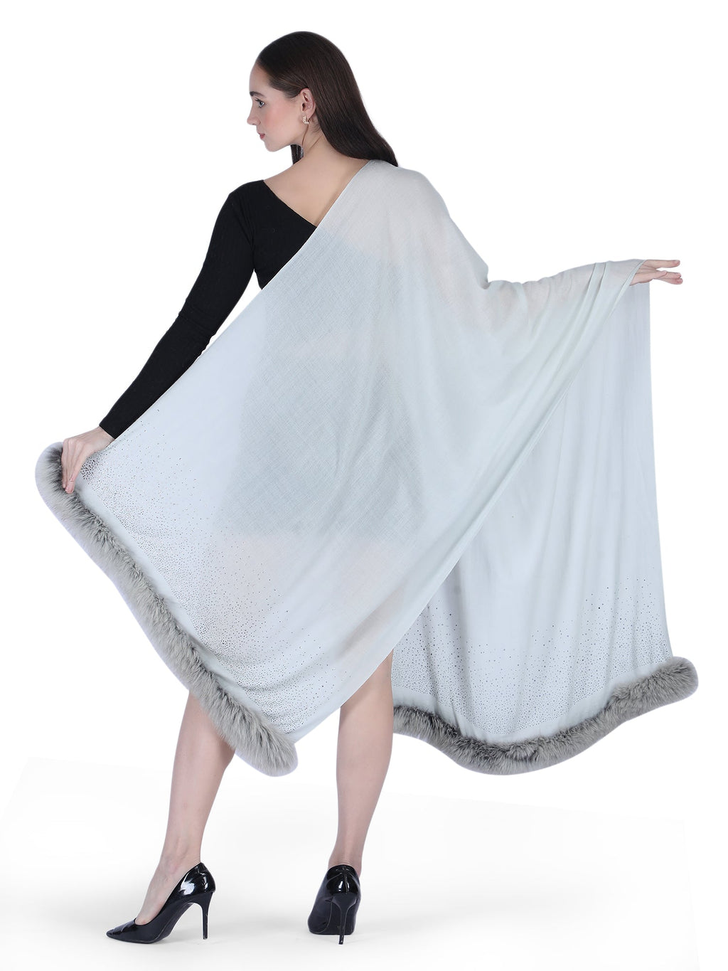 Fur & Crystal Fine Wool Stole - Grey - 409