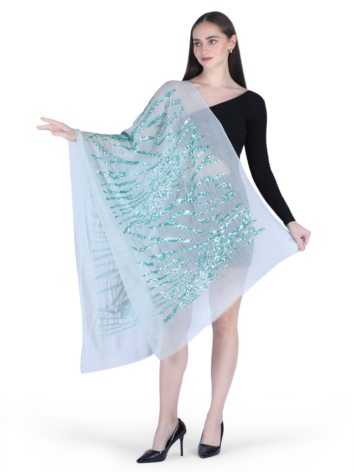 Mint Green Sequins 100% Fine Wool Stole- 410