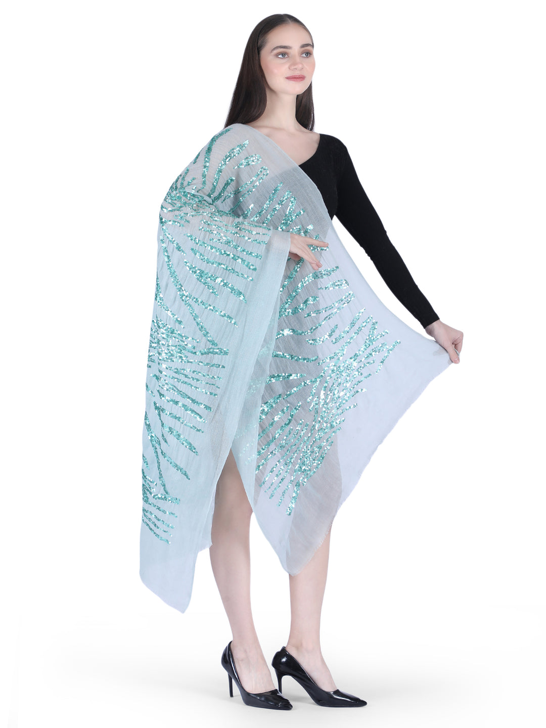 Mint Green Sequins 100% Fine Wool Stole- 410
