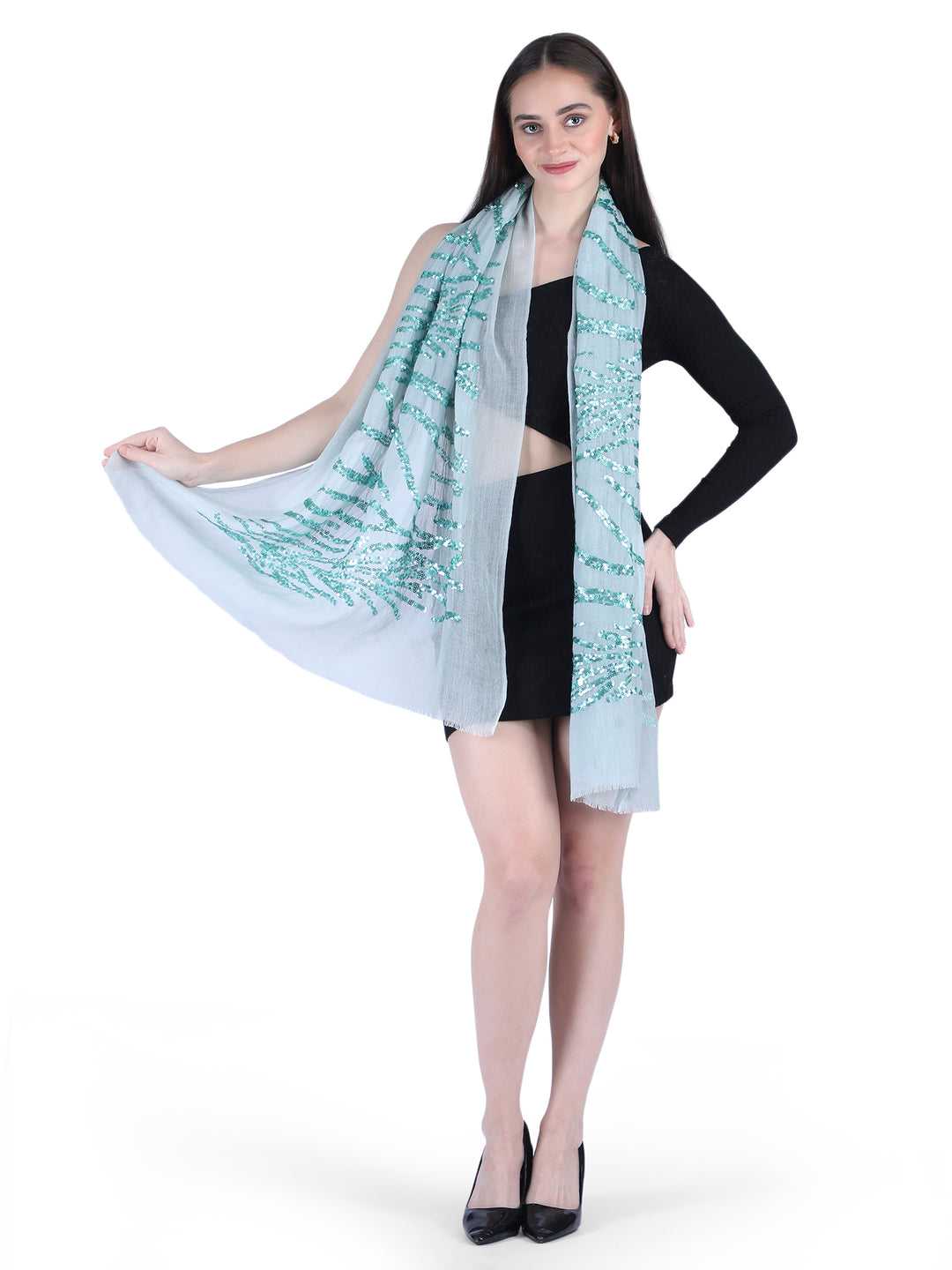 Mint Green Sequins 100% Fine Wool Stole- 410