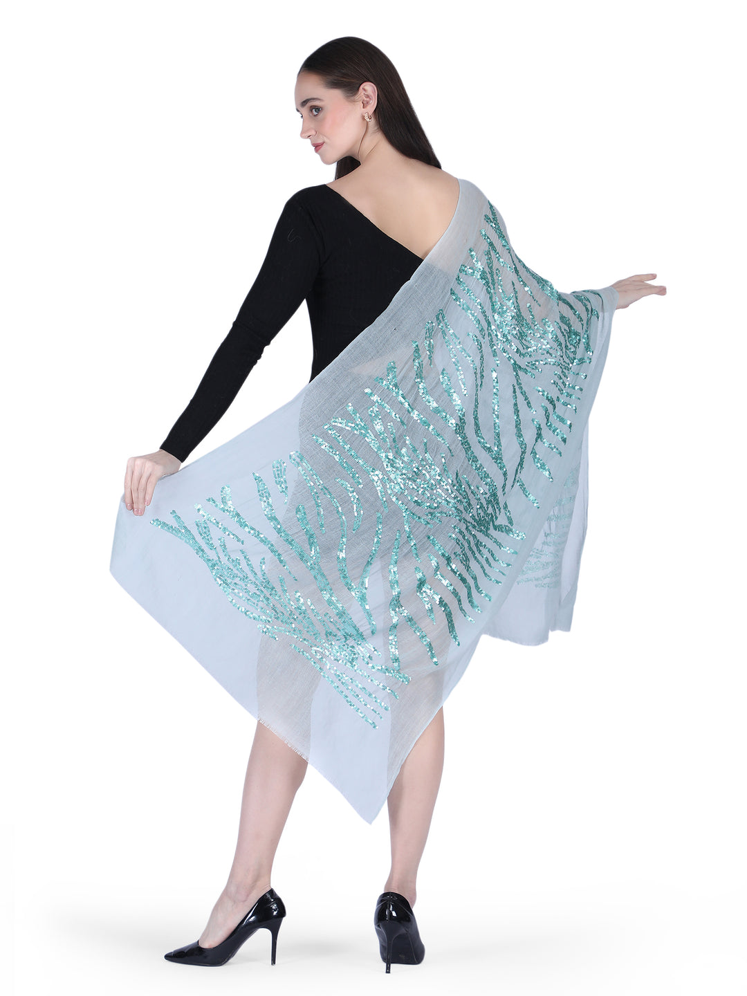 Mint Green Sequins 100% Fine Wool Stole- 410