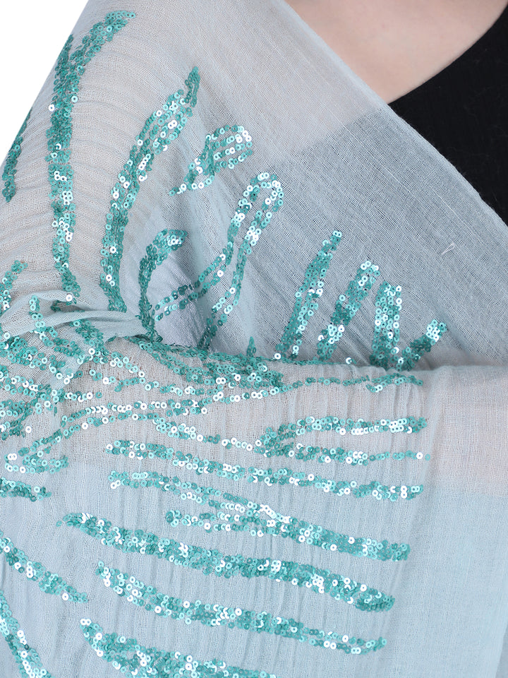 Mint Green Sequins 100% Fine Wool Stole- 410