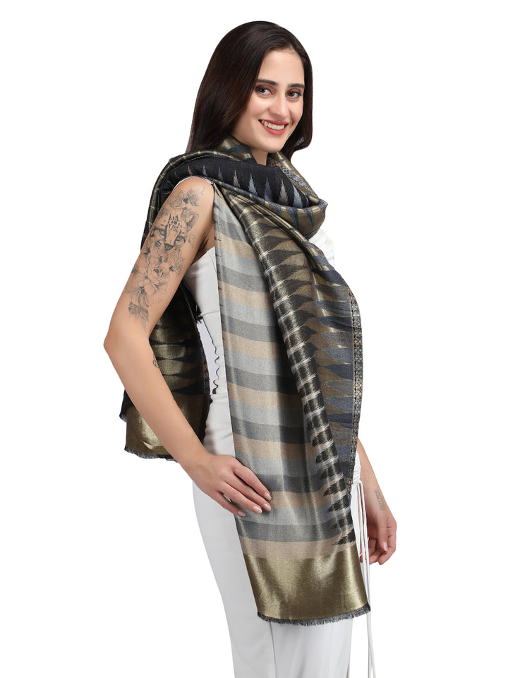 Black Zari Leheriya 100% Fine Wool Stole - Reversible- 369