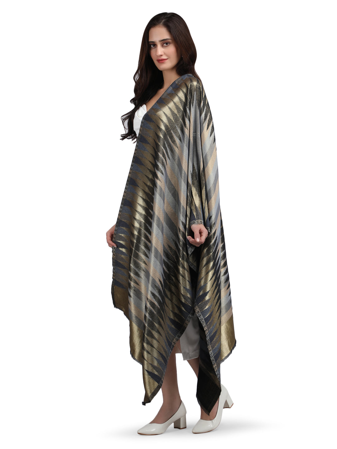 Black Zari Leheriya 100% Fine Wool Stole - Reversible- 369