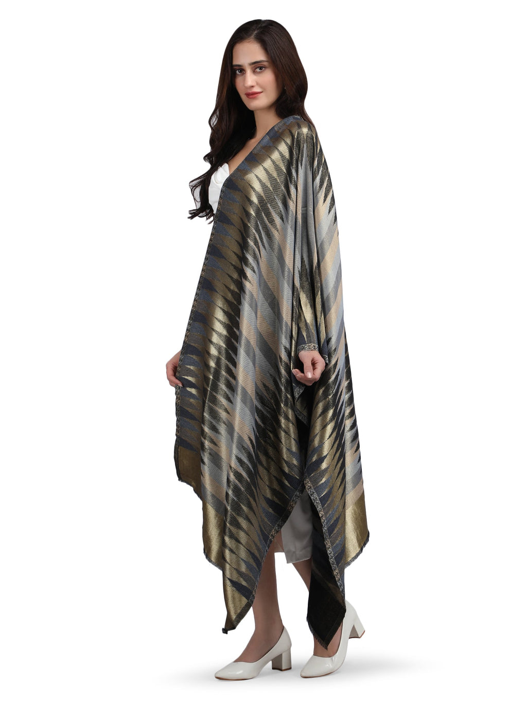 Black Zari Leheriya 100% Fine Wool Stole - Reversible- 369