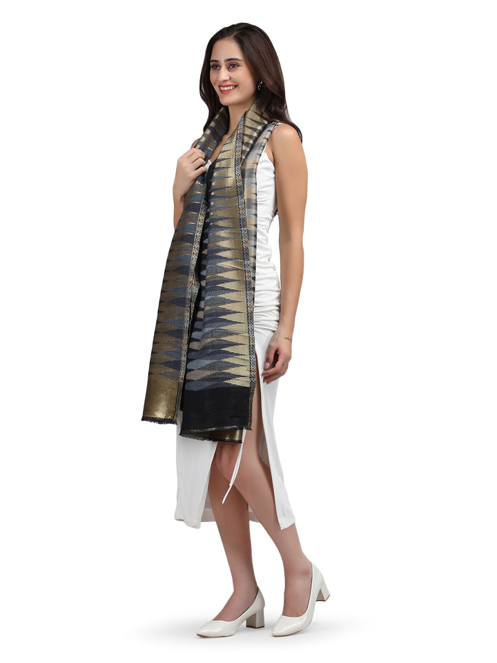 Black Zari Leheriya 100% Fine Wool Stole - Reversible- 369