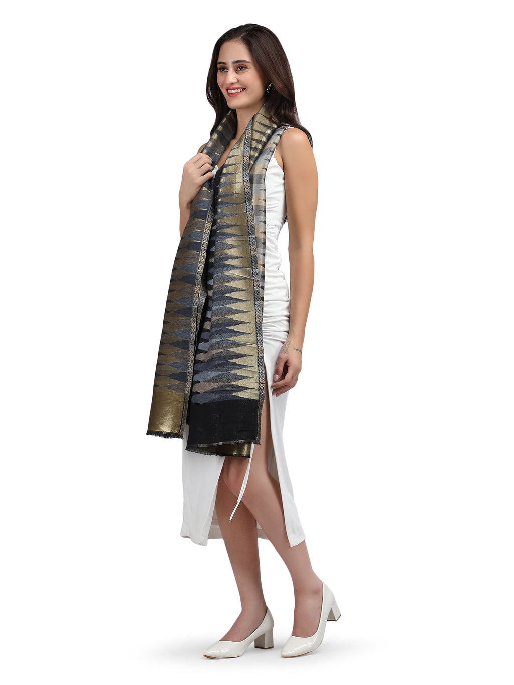 Black Zari Leheriya 100% Fine Wool Stole - Reversible- 369