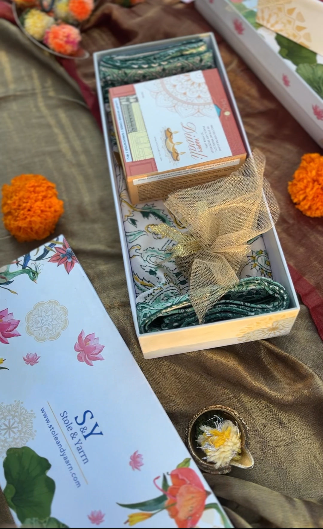 Diwali Hamper - Table Runner (13 x 54 inches) , Brass Diya, Phool Incense Cone-158