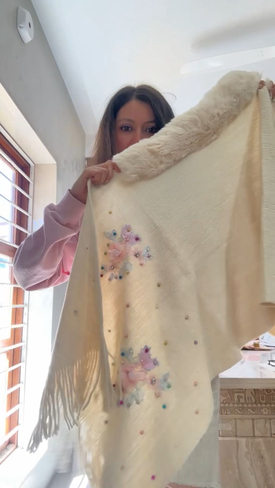 Beige Floral Embroidery Fur Collar Poncho - 154 (Free Size)