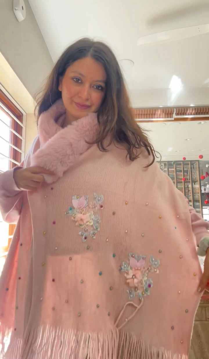 Pink Floral Embroidery Fur Collar Poncho - 153 (Free Size)