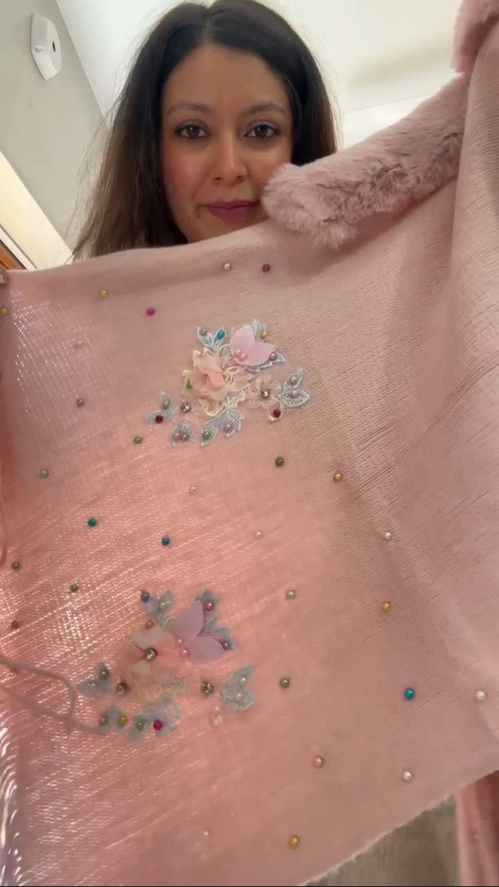 Pink Floral Embroidery Fur Collar Poncho - 153 (Free Size)