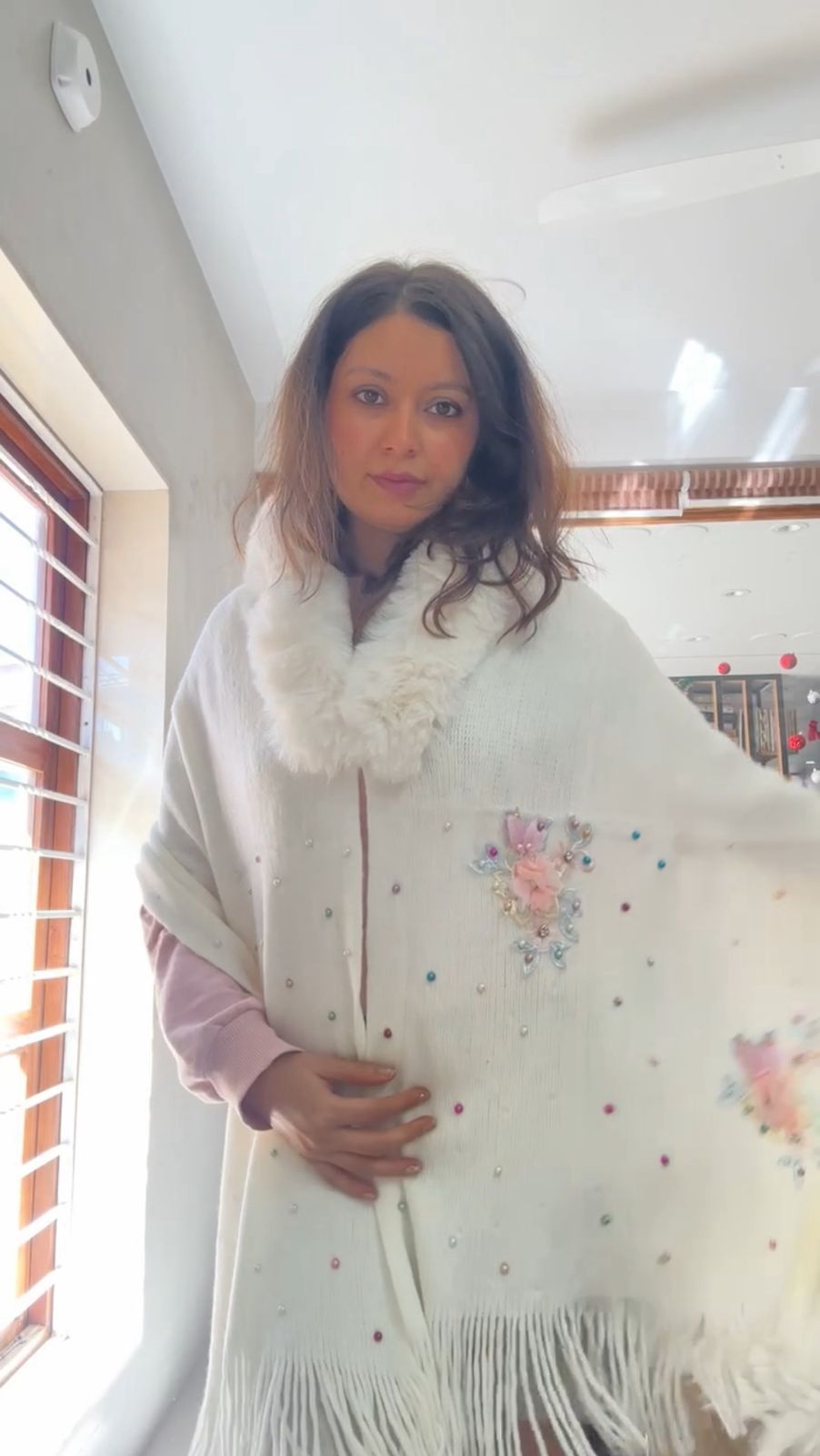 Beige Floral Embroidery Fur Collar Poncho - 152 (Free Size)