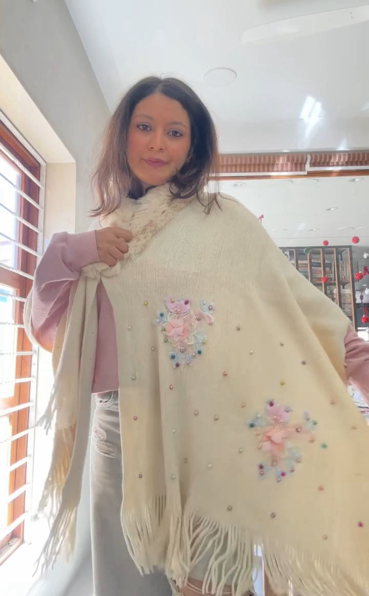 Beige Floral Embroidery Fur Collar Poncho - 154 (Free Size)