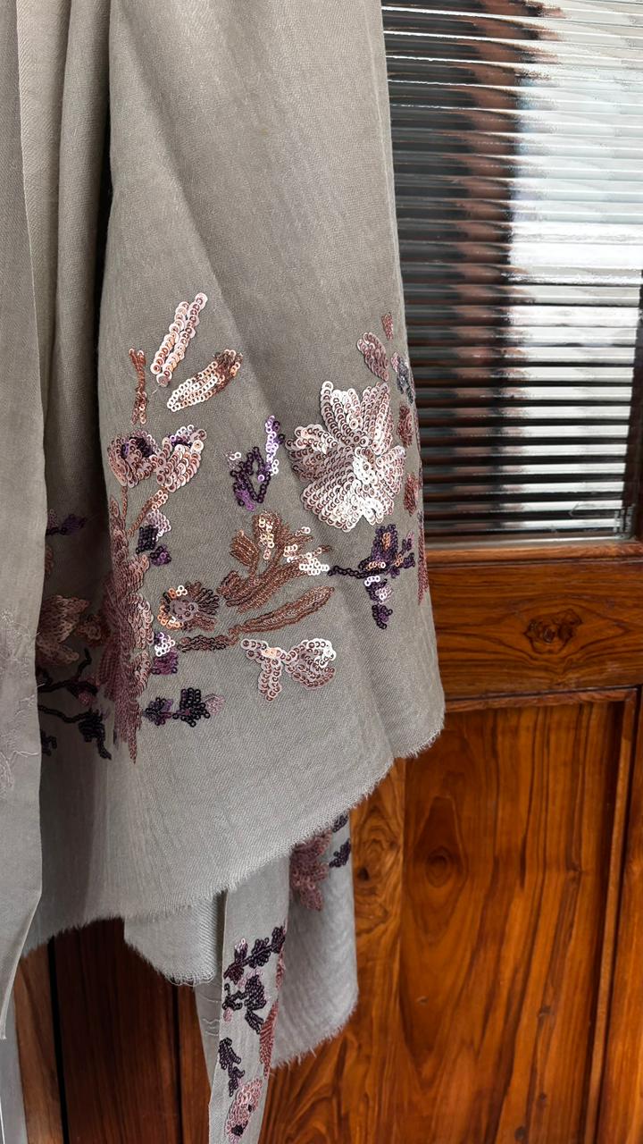Grey Floral Sequins Fine Wool Stole - 414