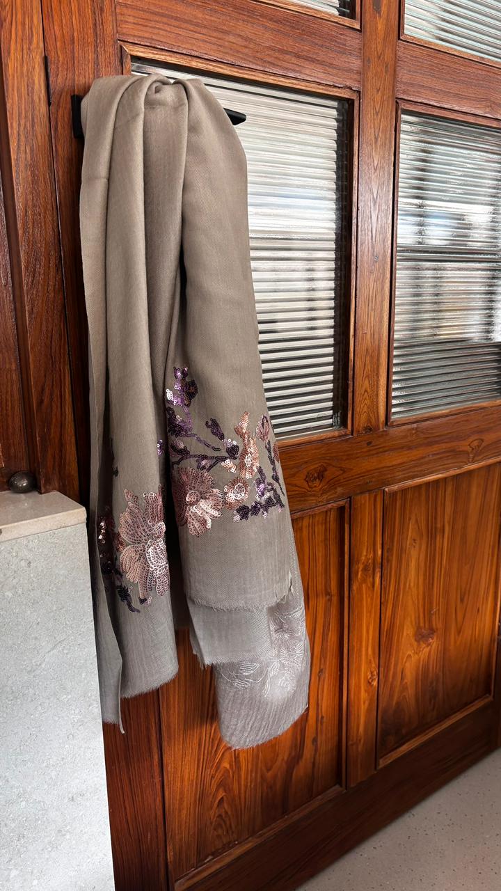 Grey Floral Sequins Fine Wool Stole - 414