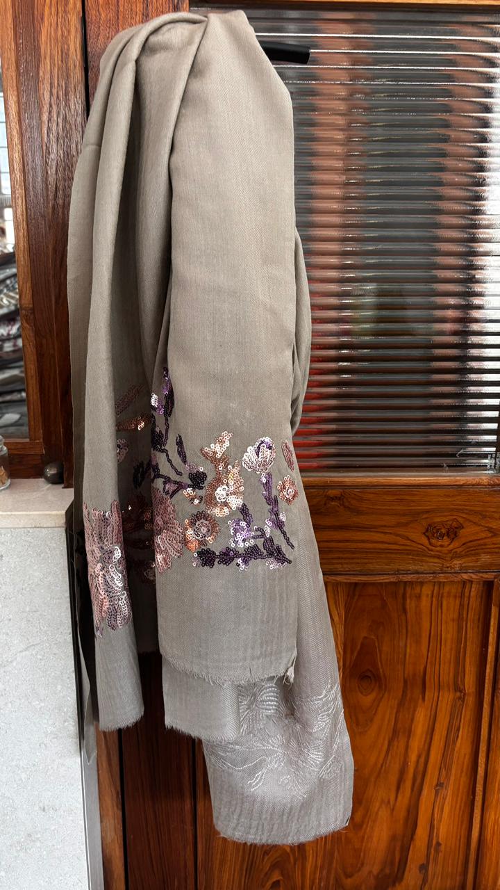 Grey Floral Sequins Fine Wool Stole - 414