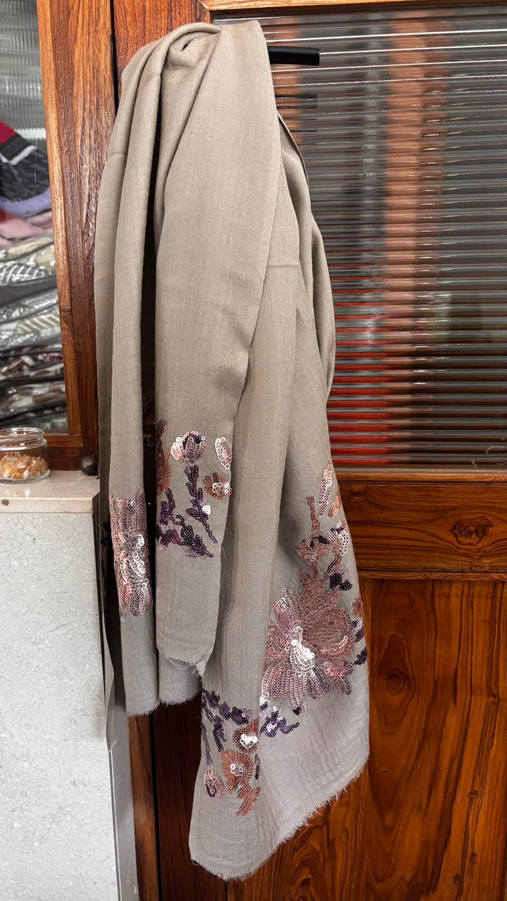 Grey Floral Sequins Fine Wool Stole - 414