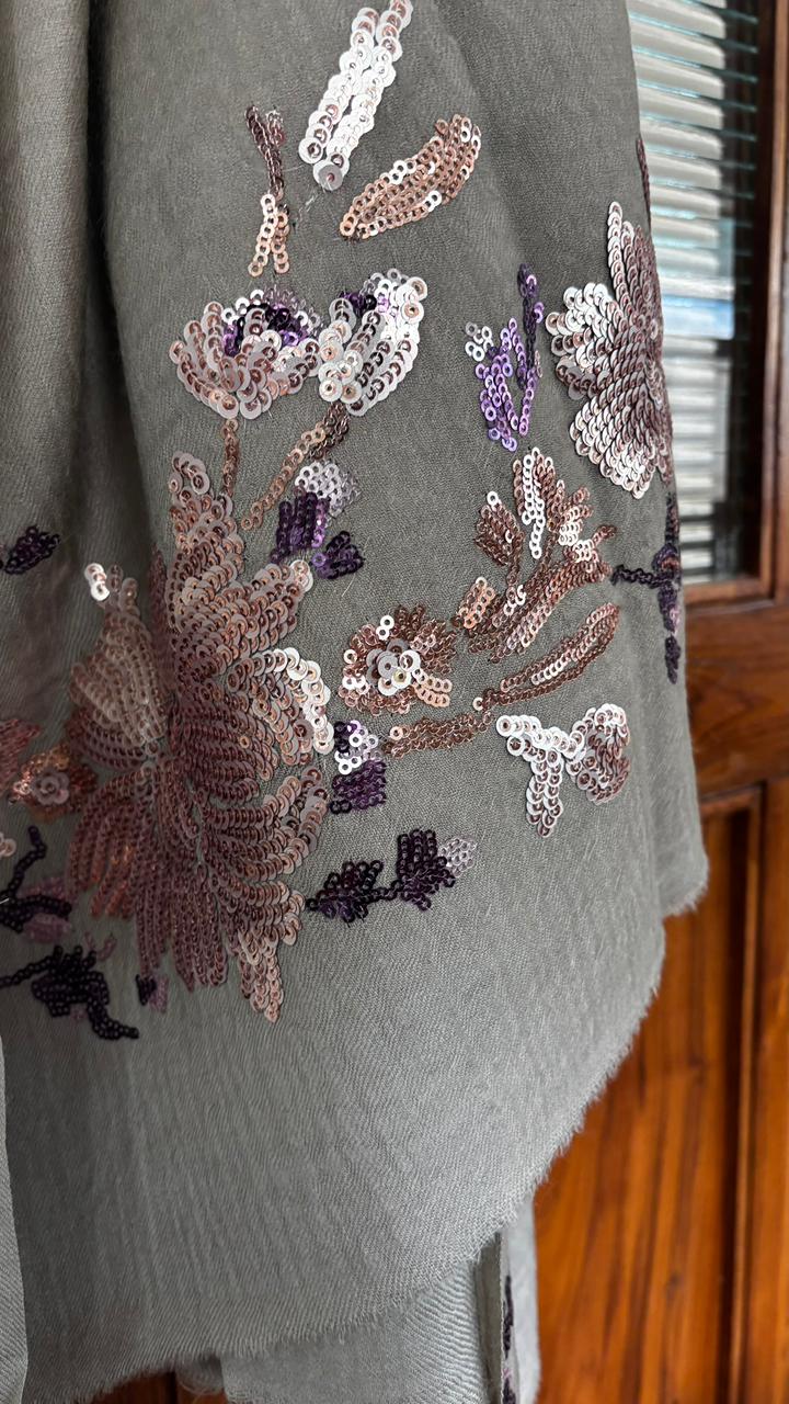 Grey Floral Sequins Fine Wool Stole - 414
