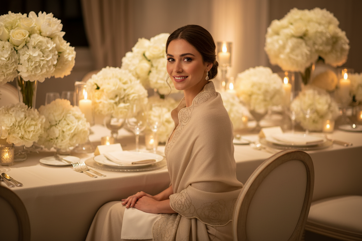 Wedding dinner scene with elegantly draped stole and pretty smile
