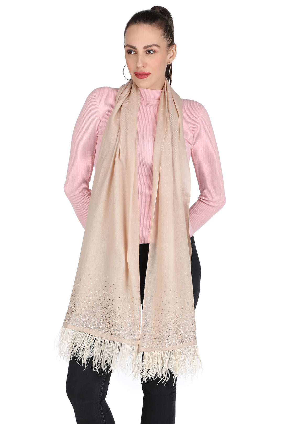 Crystal & Feather Fine Wool Stole - Beige