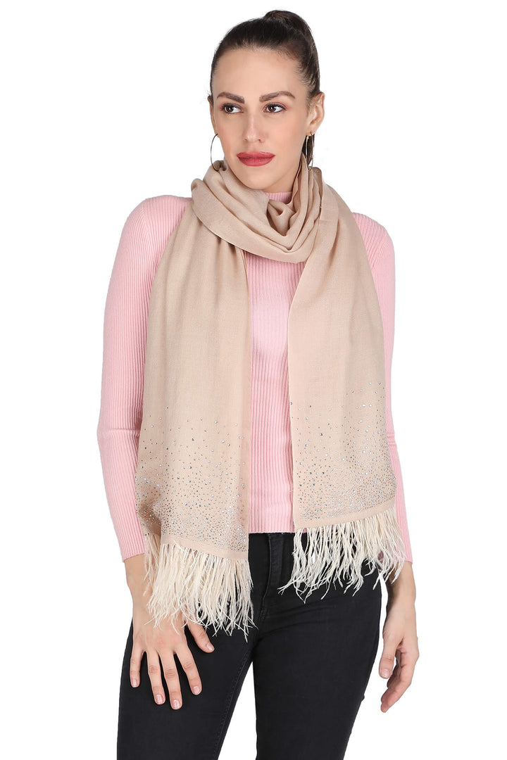 Crystal & Feather Fine Wool Stole - Beige