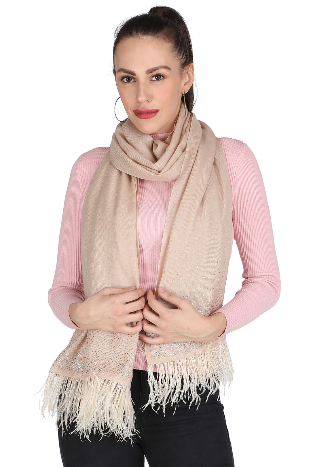 Crystal & Feather Fine Wool Stole - Beige