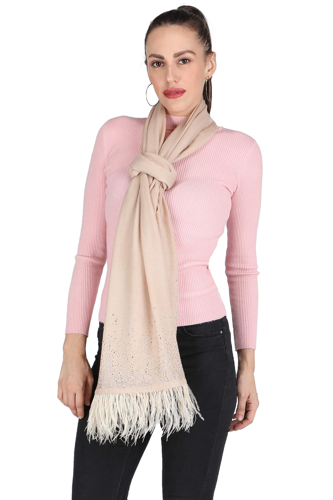 Crystal & Feather Fine Wool Stole - Beige