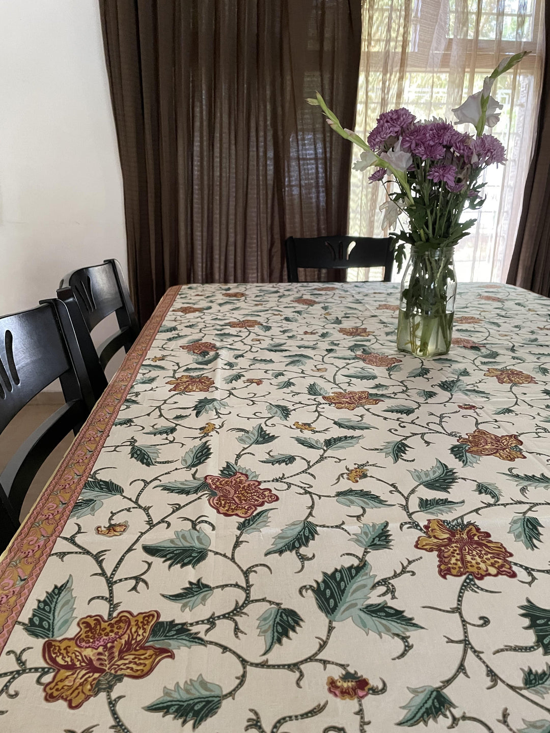 Green Gold Leaf Jaipuri 6 Seater 100% Cotton Table Cover - 8031