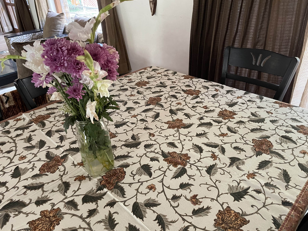 Brown Gold Leaf Jaipuri 6 Seater 100% Cotton Table Cover - 8032