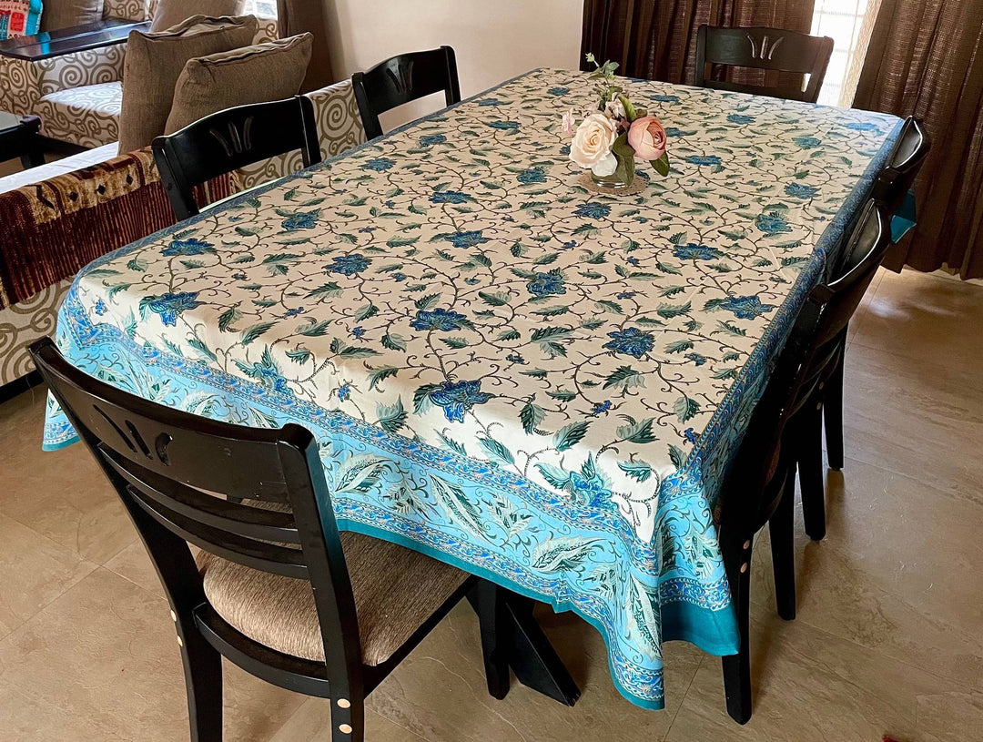 Blue Gold Leaf Jaipuri 6 Seater 100% Cotton Table Cover - 8033