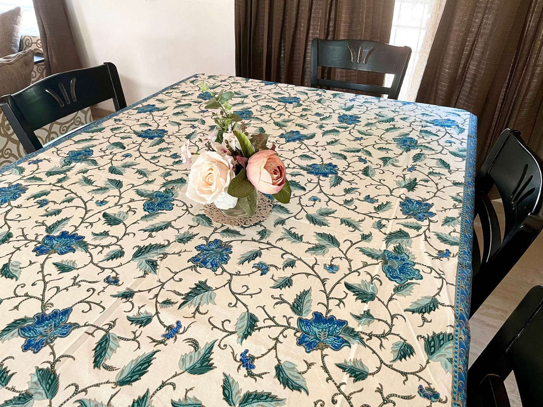 Blue Gold Leaf Jaipuri 6 Seater 100% Cotton Table Cover - 8033