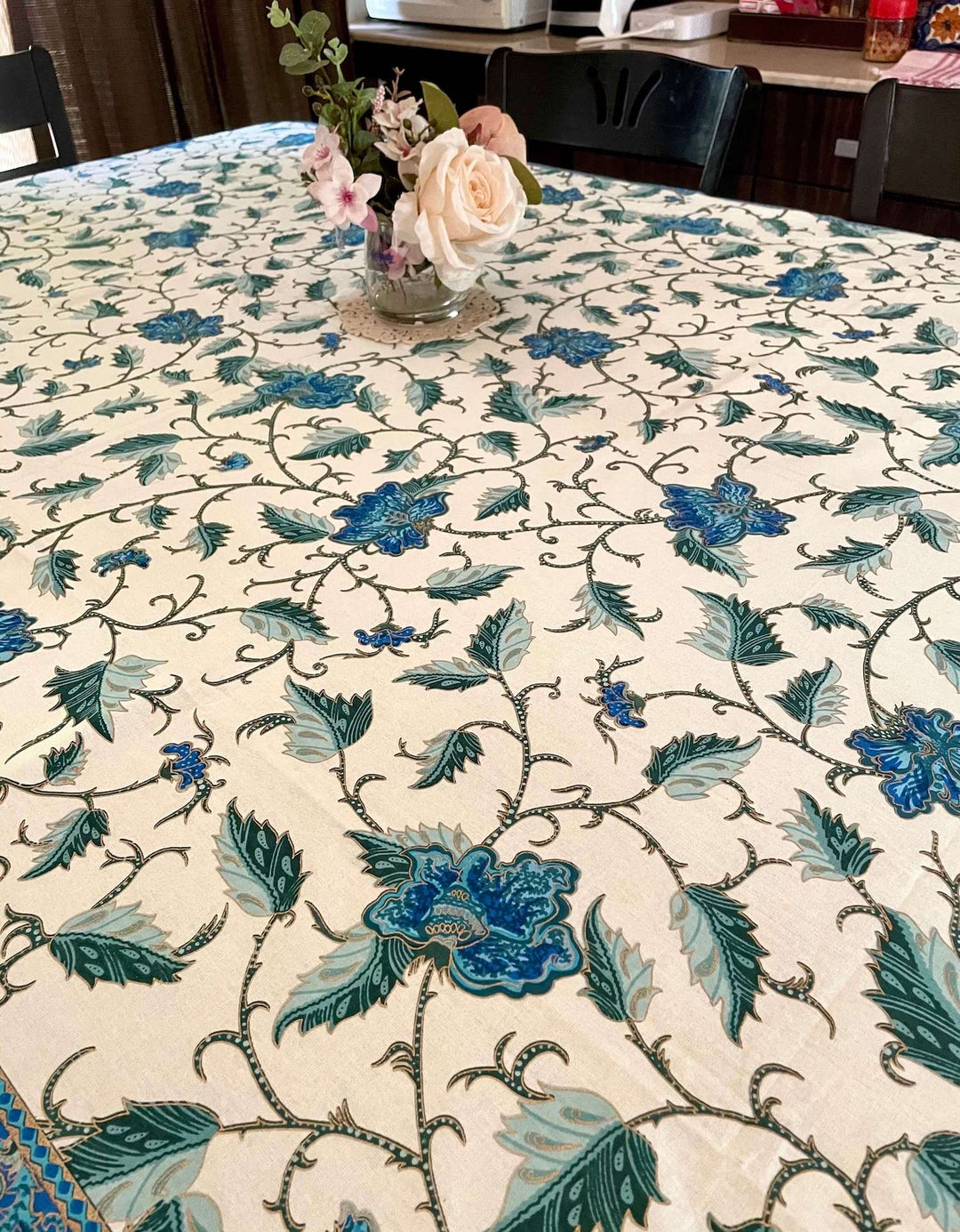 Blue Gold Leaf Jaipuri 6 Seater 100% Cotton Table Cover - 8033