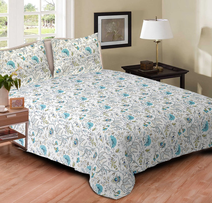 Blossoms Cotton Double Bedsheet - Blue