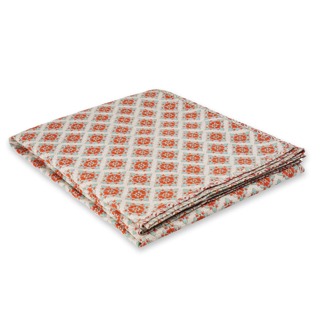 Rani Bagh Jaipuri Reversible Hand-Block Print Cotton Dohar - Orange Mughal Squares