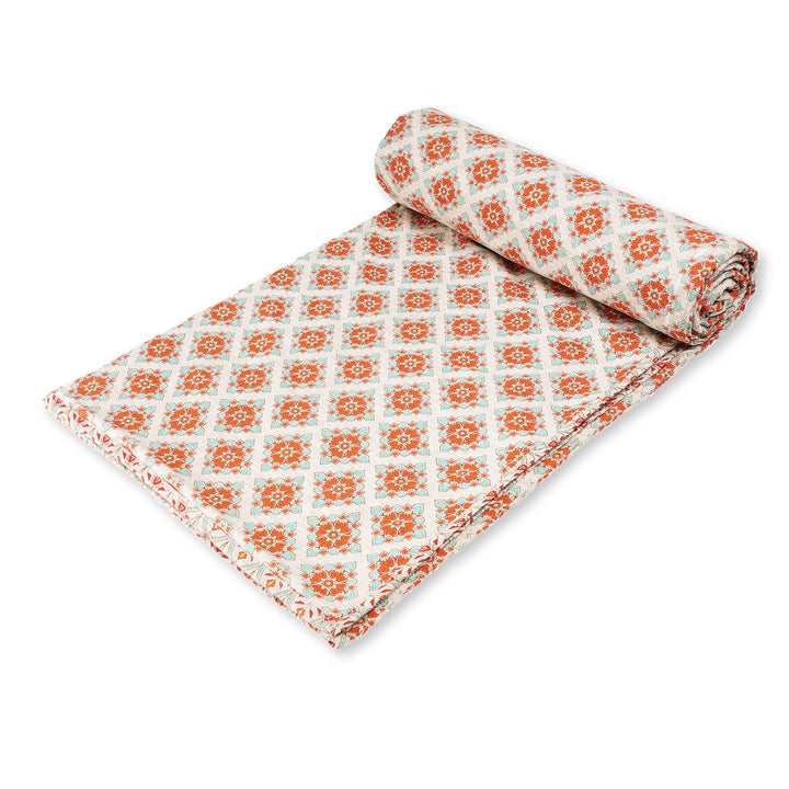 Rani Bagh Jaipuri Reversible Hand-Block Print Cotton Dohar - Orange Mughal Squares