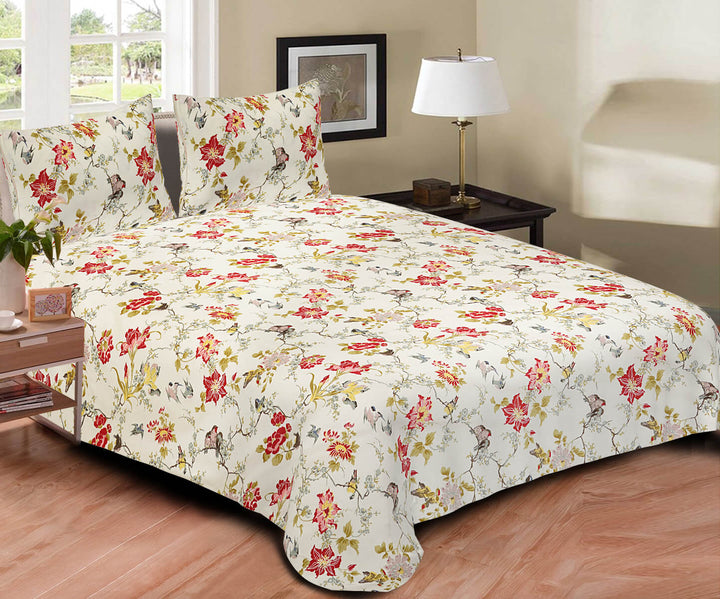 Blossoms Cotton Bedsheet Queen Size - Hibiscus Red